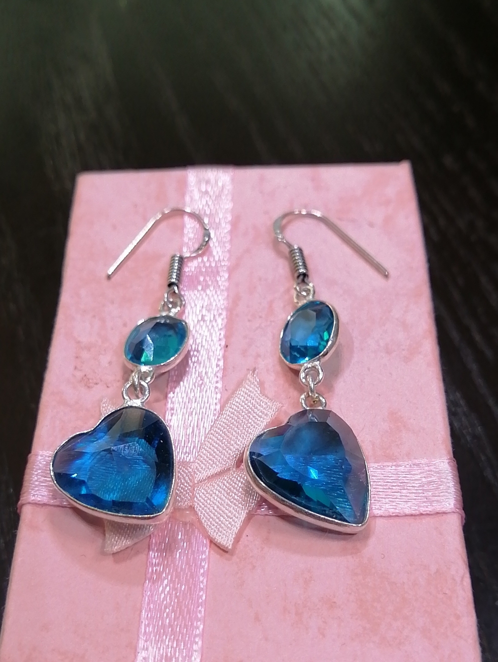 Blue Crystal Heart Drop Silver Earrings - Women Jewelry